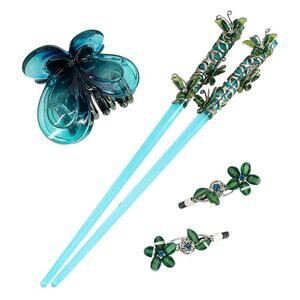 Whimsical Butterfly Floral Hair Accessories Set Blue Green Hair Sticks Claw Clip